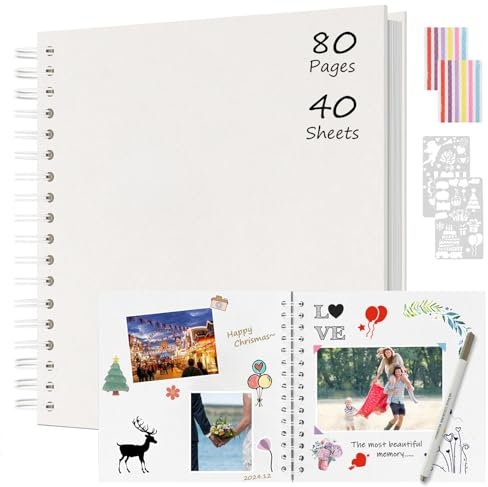 Boic Fotoalbum zum Selbstgestalten 24x24cm, DIY Spiralalbum 80 Seiten Fotoalben Scrapbook, Fotobuch für Baby Valentinstag Geburtstag Weihnachten Geschenk (Weiß)