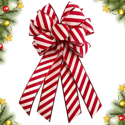 CHMOART Christmas Wreath Bow 20 x 11 Inches Large Christmas Bows White Red Stripes Burlap Bow Holiday DIY Craft Bow Xmas Tree Topper Ornament for Home Front Door Wedding Decorations
