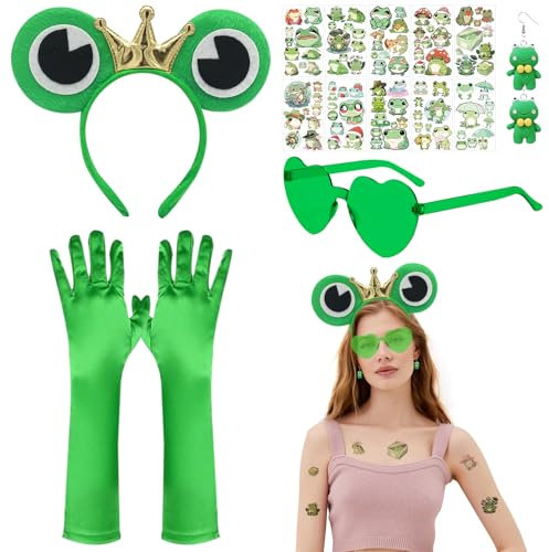 DOWNDRIFT Frosch Kostüm Set,5 Stück Frosch Kostüm Erwachsene Kinder Frosch Haarreif Frosch Handschuhe Grüne Herzbrille Frosch Kostüm Froschkönig Kostüm Erwachsene für Fasching Karneval Party Kostüm