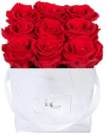 EG EMMIE GRAY Classic Infinity Rosebox | Eckig | S | Marble Silver – mindestens 9 Infinity Rosen mit langjähriger Haltbarkeit, echte Rosen die bis zu 3 Jahre blühen, konservierte Rosen (Vibrant Red)