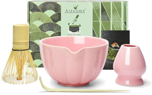 Artcome 4 Pcs Japanese Matcha Tea Set - Matcha Bowl with Pouring Spout, Matcha Whisk, Tea Scoop, Whisk Holder, Handmade Matcha Ceremony Kit for Japanese Tea Ceremony, Rose