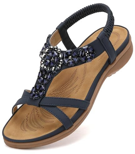 Littleplum Sandales Femmes Chaussures Plates avec Strass Perles Sandales Femmes,Bleu sauge,42EU