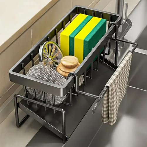 Zlota Kitchen Sink Caddy Organiser - Sponge Holder with Draining Tray, Sink Tidy Organiser, Versatile Storage Solution for Kitchen and Bathroom Cleaning Supplies (Grey)