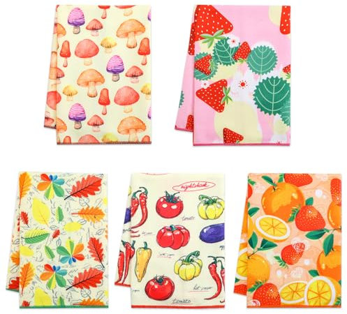 Autilify Geschirrtücher Set - 5er Pack, 55x40 cm, aus Polyester, mit bunten Mustern (Früchte, Pilze, Blumen, Gemüse)