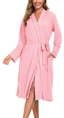 Beuwltpa Peignoir long pour femme - Léger - Col en V et manches longues - Avec poches - Convient pour sauna, spa, surf, voyage, détente, Rose, XXL