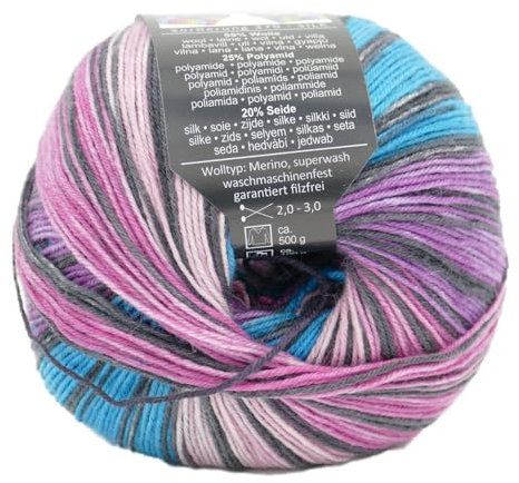 Online Garne Supersocke Silk Color Sockenwolle mit Seide, Sockengarn, Strumpfwolle 4-fädig mit Farbverlauf, 55% Wolle, 25% Polyamid, 20% Seide, 100g, 400m (3129)
