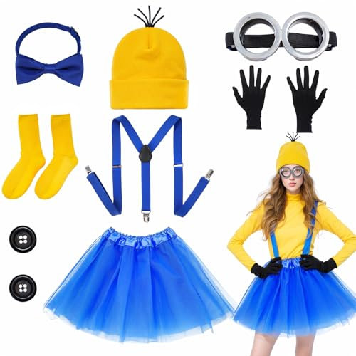 9 Stück Gelbes Kostüm Set für Erwachsene, Halloween Gelbe Kostüme Zubehör Kit mit Goggles Hosenträger Fliege Socken Mütze Handschuhe Rock Knöpfe für Damen Herren Karneval Cosplay Party