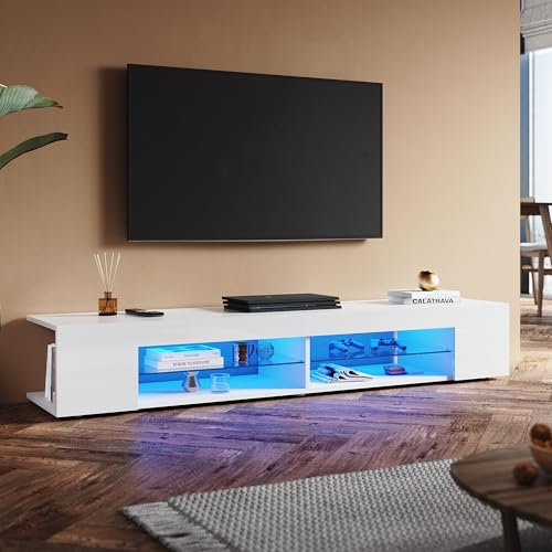 SUNXURY TV Board weiß Hochglanz 180cm mit LED-Beleuchtung 180 x 39 x 30 cm(B/T/H) Modern tv Schrank mit 5 mm Glasablage TV lowboard Holz Wohnzimmer