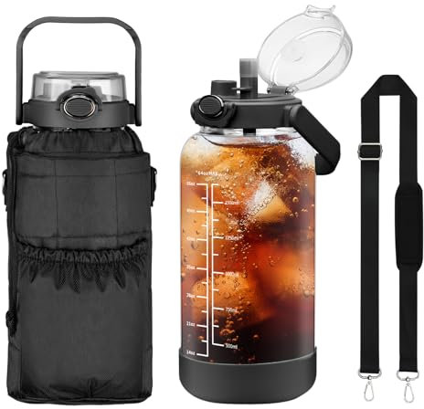chunmo 64oz Glass Water Bottle with Straw and Sleeve Half Gallon Motivational Water Bottle with Time Marke and Strap 2L Leakproof Borosilicate Reusable Water Jug for Gym Outdoors