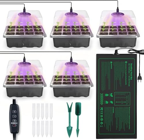 NAMOTEK Station de Germination 5 pièces avec Tapis Chauffant & Lampe de Croissance – 60 cellules, Mini-Serre avec Couvercle pour la Germination – Boîte de Propagation chauffée pour graines