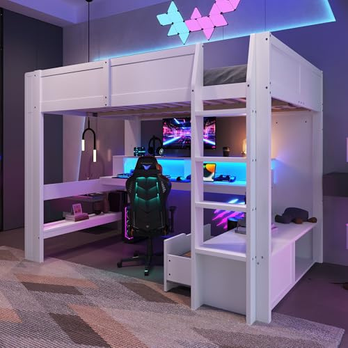 Merax Hochbett mit Schreibtisch und Treppe, Etagenbett Kinderbett 140x200cm mit Schublade und Regale, Hochbett mit Gaming-Ecke und LED-Leuchten, ohne Matratze, Kiefer, Weiß, 217x153x155 cm