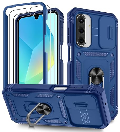 Pilaru Handyhülle für Samsung Galaxy A17 5G Hülle, Kameraschutz Cover Case mit 2 Stück Schutzfolie, 360° Drehhalter Ring Schutzhülle Militär Case Outdoor Stoßfest A17 5G Hülle Blau