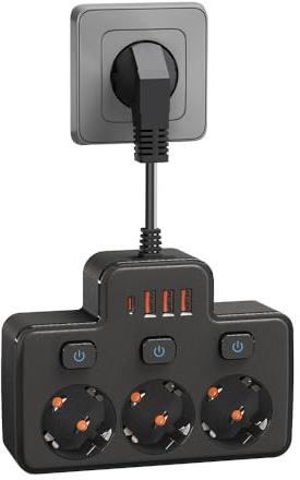 LEHOTPIA Steckdosenleiste mit USB, 3 Fach Mehrfachsteckdose Mit Einzelschalte Mehrfachsteckdose Mit 3 USB & 1 Type-C (5V 2,1A) für Küche Wohnzimmer Schlafzimmer(schwarz)