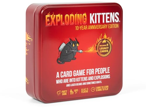 Exploding Kittens -10th Anniversary Collectible Tin (New Edition) – Updated with 8 Legacy Cards – Hilarious Fast-Paced Card Game for Adults and Kids, Travel Friendly, Ideal for Family Game Night