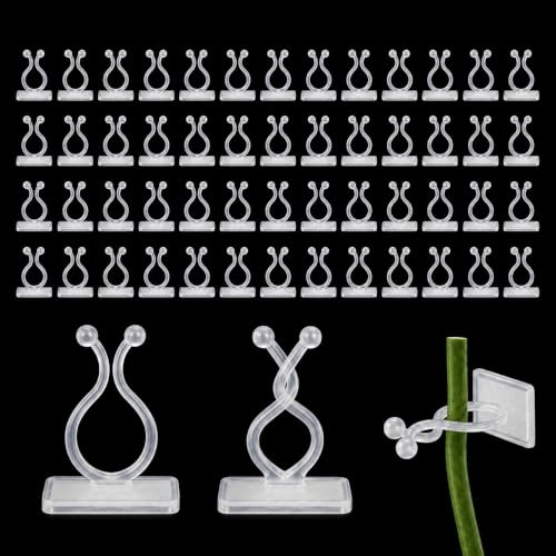 HYMC 50Pcs Plant Clips, Plant Support Clips for Climbing Plants, Invisible Plant Wall Clips, Self-Adhesive Sticky Hooks Fixture for Indoor Plants Vine Orchid Tomato, Gardening Support