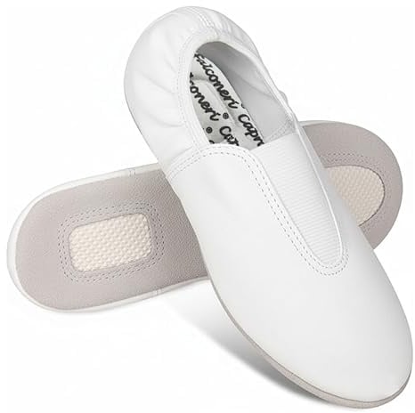 Slip On Gymnastic Shoes for Girls - Pure Leather Dance Shoe with Elastic Ankle - Front V Elastic & Suede Split Sole Ballet Flats Pumps - Black & White