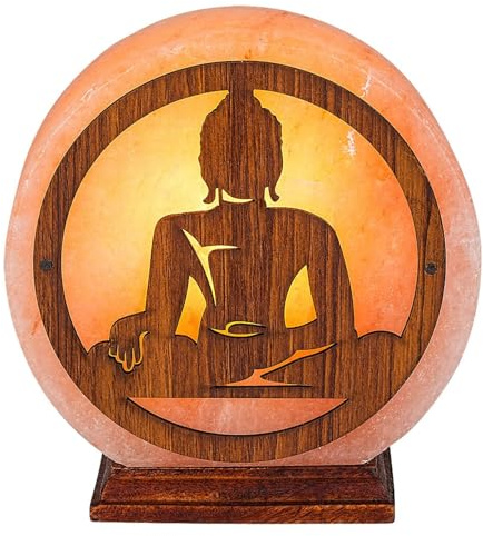 rabalux Zenova Salzlampe aus Steinsalz und Holz | Dekorative Lampe für Schlafzimmer oder Wohnzimmer | Orientalisches Buddha-Motiv | Austauschbare Lichtquelle E14 (NICHT IM SET ENTHALTEN)