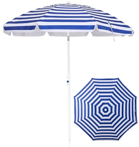 Palawano 1.8M Sonnenschirm Strand mit Sandschraube, UV Schutz Strandschirm UPF 50+, Outdoor Sonnenschirm mit Kurbel für Balkon, Strand & Garten, Blau-Weiße