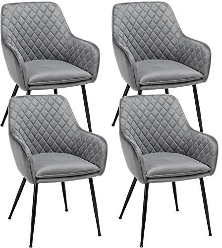 Yaheetech Esszimmerstühle 4er Set Küchenstühle, Polsterstühle mit Armlehnen Metallbeine, Seesel aus Samtstoff für Arbeitszimmer/Wohnzimmer, Hellgrau