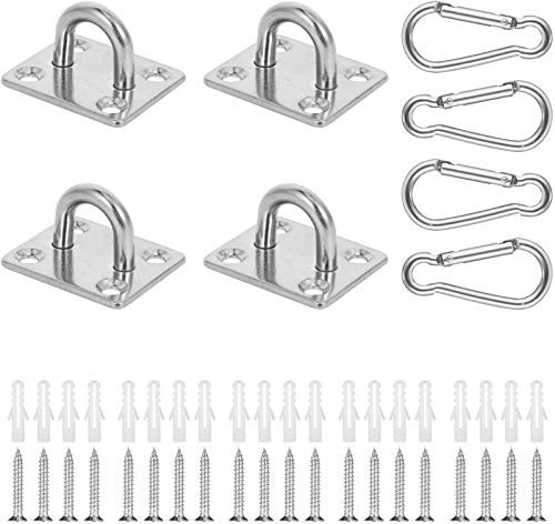 Gitua 4 Pcs 304 Stainless Steel Oblong Pad Eye Plate Set with 4 Pcs Carabiner, 20 Pcs Screws and Plastic Plugs, Heavy Duty Ceiling Wall Mount Hook for Marine Hammock Boat Rigging