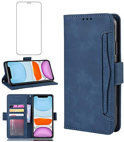 Phone Case for iPhone 12 mini 5.4 inch With Tempered Glass Screen Protector Card Holder Slot Stand Kickstand Shockproof Protective Wallet Purse Leather Flip Cover cases iphone12case 12case phone Blue