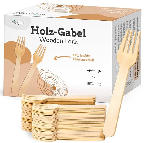 wisefood Tenedores desechables de madera de abedul, 1.000 unidades, tenedores de madera de 16 cm, cubiertos desechables biodegradables y estables