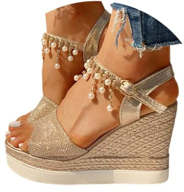 Minetom Sandale Femme Talon Compensé Chunky Chaussure Sandale Plateforme Cheville Perle Strass Talon Plateforme Sandales A Or 34 EU