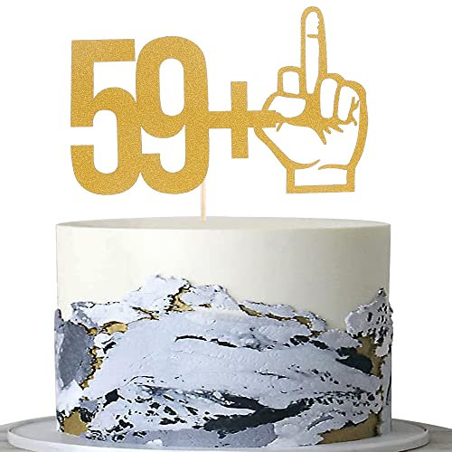 59+1 Mittelfinger Tortenaufsatz – Sechzig Jahre alt Geburtstag Party Dekoration Supplies einseitig Gold Glitter 60. Geburtstag Kuchen Topper 60 Hochzeitstag Geburtstag Party Dekorationen…