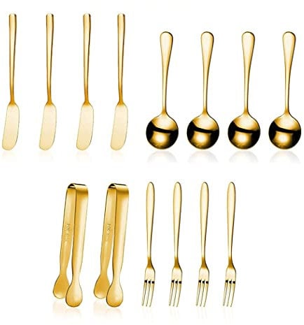 Hoshen 14-Piece Deli Accessories Set, Cheese Butter Spreading Knife/Mini Sugar Cube/Mini Serving Spoon & Fork, Deli Utensils for Butter, Cheese & Pastry Making(Gold)