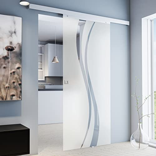 inova Glas-Schiebetür Komplettset 755 x 2035 mm wellen Design 8 mm ESG Alu Lauf-schiene mit Quadratgriff + beidseitiger Softclose