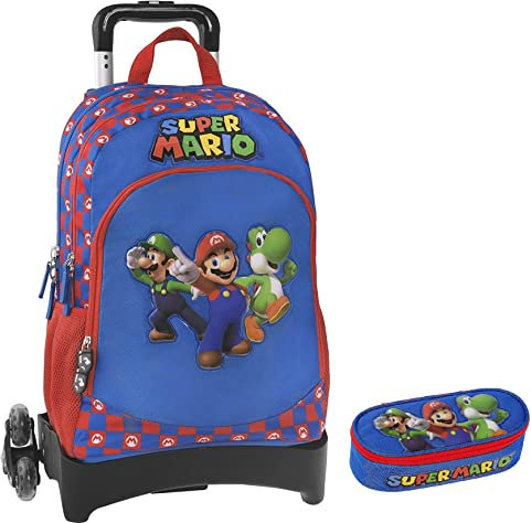 FCP Schultrolley kompatibel mit Super Mario mit abnehmbarem Rucksack + ovaler Reißverschlusstasche + Schlüsselanhänger + farbiger Stift, mehrfarbig, standard