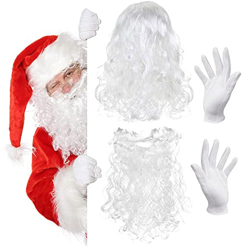 Reforung Weihnachtsmann Bart und Perücke und Weihnachtshandschuhe, Weihnachten Weihnachtsmann Bart Kostüm Perücke & Bart Weihnachtsmann Zauberer Dumbledore Wig- zum Verkleiden als Nikolaus, 3 in 1