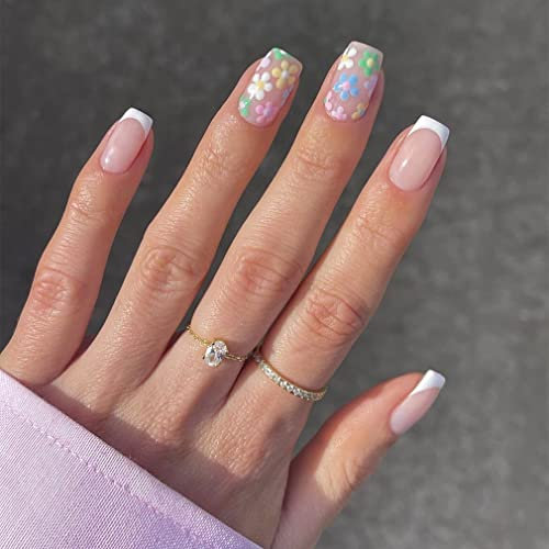 Sethexy Faux Ongles Français Carré Court Ongles a coller Coloré Fleur Ongles Brillant 24 pièces Acrylique Ongles pour les femmes et les filles