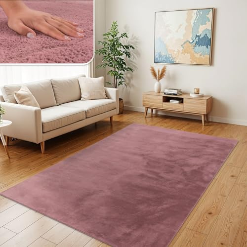 TT Home Wohnzimmer Teppich Hochflor Langflor Kunstfell Weich Modern Unifarben Flauschig, Farbe:Rosa Mauve, Größe:140x200 cm