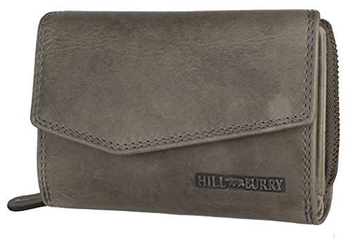 Hill Burry Damen Geldbörse Portemonnaie echt naturgegerbt Leder | Reißverschluss | praktisches Kleingeldfach | Brieftasche | Geldbeutel | Wallet | RFID Schutz Grey