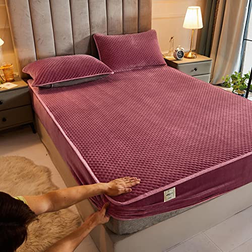 Bottom Sheets,Queen Warm Crystal Velvet Fitted Sheets, Bedroom Hotel Homestay Thick Non-Slip Solid Color Mattress Topper Pillowcase,Rose Red,180cmx200cm (3pcs)