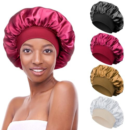 4 Stück Satin Bonnet Schlafhaube Seide Locken Atmungsaktive Seide Schlafmütze Verstellbare Silk Bonnet Seidenhaube zum Schlafen Weiche Satin Haube für Damen Mädchen(Schwarz, Rot, Gold, Silber)