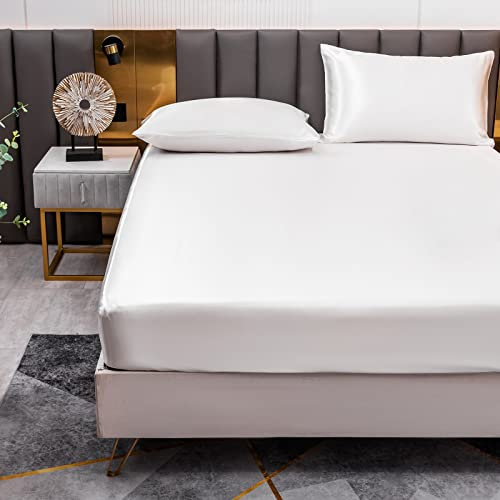 Satin Spannbettlaken Einfarbig 200x200 cm für Matratzen bis 30cm, Betttuch Leintuch Weiche Polyester-Satin Spannbetttuch Bettlaken Weiß