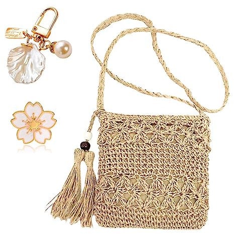 MUNSKT Strohtasche für Frauen mit Quaste & Muschel Schlüsselanhänger & Kirschblüten-Brosche, gewebte handgefertigte böhmische Umhängetasche mit Reißverschluss für Sommer Strand Reisen