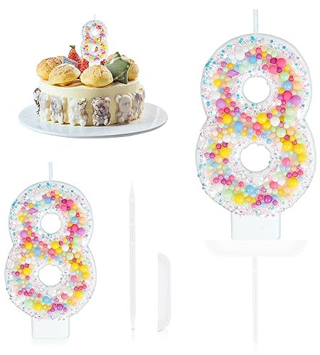 Yiran Pastel Pearl Sequin 8th Birthday Candles for Girl, Number 8 Candle, Macaron Candles, Number Birthday Candles for Cakes, 8 Birthday Candle, Cake Candles Cake Topper Decorations for Birthday Party