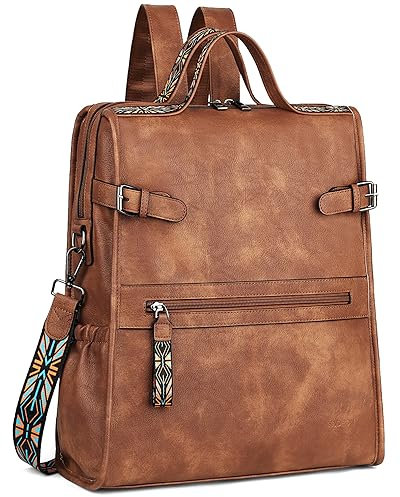 FADEON Leather Laptop Backpack for Women, Designer Ladies Work Travel Computer Backpack with Laptop Compartment, Purse Brown, Travel Backpacks