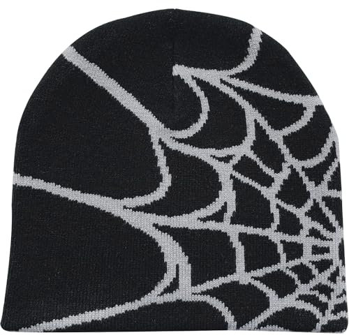 Arcimatto Y2k Spinnen-Beanie-Mütze, Wolle, Acryl, gestrickt, Totenkopfmütze, Winter, warm, Streetwear, MEA-Design, Hüte für Damen, Herren, Jugendliche, Schwarz Grau, Einheitsgröße