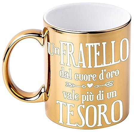 Bombo Tasse aus metallisierter Keramik in Goldfarbe zur Feier des Bruders, mit dem Spruch Ein Bruder mit goldenem Herzen ist mehr wert als ein Schatz