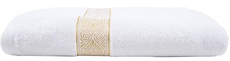 Saunatuch 90x180cm 100% ägyptische Baumwolle XXL Sauna Handtuch Luxus Strandtuch in Premium Qualität Aymando | Blende mit edler Ornamentstickerei in Gold | (Weiß)