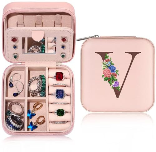 TINGN Initiale Schmuckkästchen Kleine Schmuckkästchen mit Namen Initiale V und Blume Schmuckkästchen Travel Organizer Box mit Spiegel für Damen Mädchen Geschenk für Geburtstage, Weihnachten, Muttertag