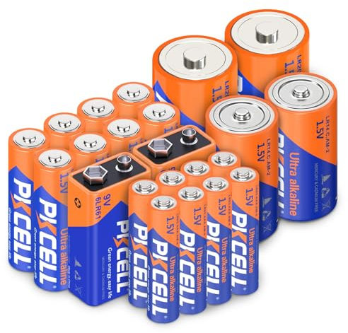 PKCELL 22 batterie alcaline, 8 batterie AA, 8 batterie AAA, 2 batterie C, 2 batterie D e 2 batterie 9V per l'elettronica domestica