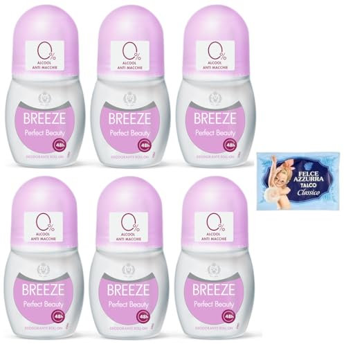 6x BREEZE Perfect Beauty Deodorante Roll On 50ml + 1 Confezione di Talco Felce Azzurra in omaggio, Busta da 100g