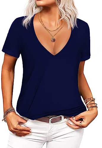 Zeagoo Women V Neck Tops Casual Short Sleeve Basic Summer Plain Slim Fit T Shirts Navy Blue XL