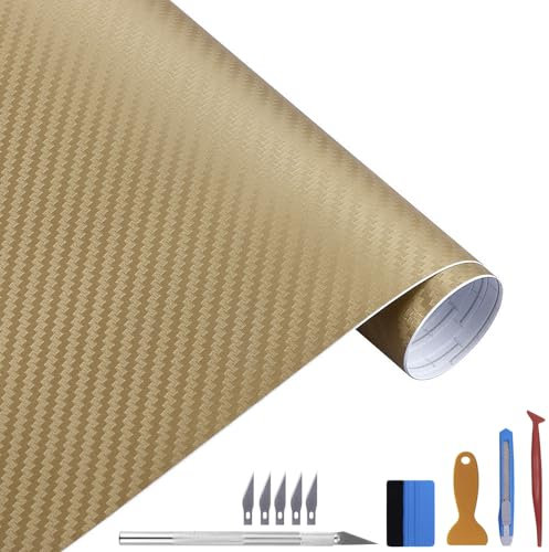 Carbon Autofolie Matt Gold Mit Einbauwerkzeug, 30 x 300 cm Selbstklebend 3D Car Wrapping Blasenfrei Vinyl Folie, Carbonfolie Lackschutzfolien für Auto Motorrad DIY