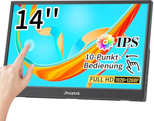 Jhcztrk Touchscreen Monitor 14 Zoll tragbarer Monitor FHD 1200P IPS HDR Touchscreen, HDMI USB-C Eingebaute Lautsprecher und Stativ Externer Monitor für Laptop/PC/Xbox/Switch